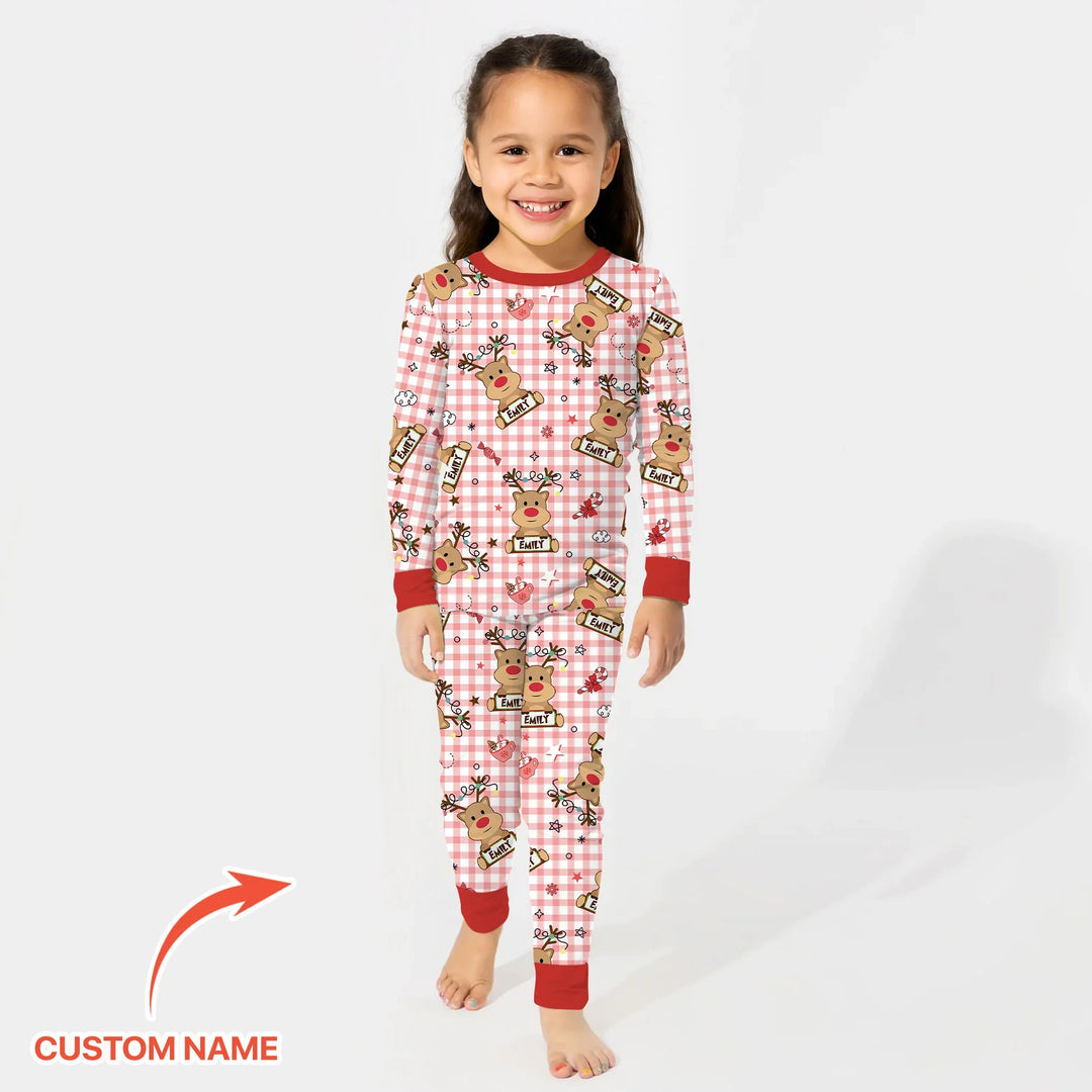 Custom Name Reindeer Gingham Two Piece Long Sleeve Pajama Set , Custom Name Reindeer Gingham Two Piece Long Sleeve Pajama Set - 12-18M
