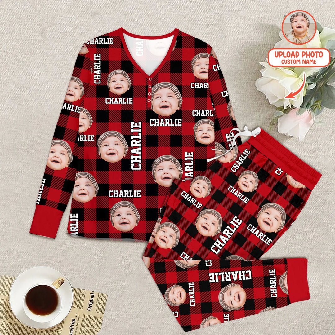 Custom Photo & Name Christmas Plaid Women Pajama Set , Custom Photo & Name Christmas Plaid Women Pajama Set - Combo Shirt & Pants / S