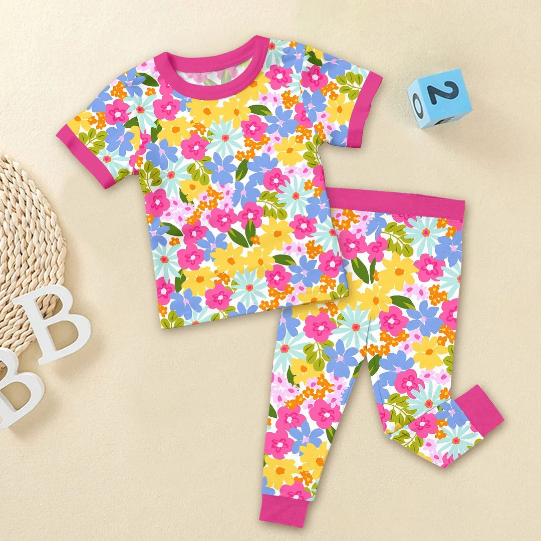 Summer Flowers Two Piece Short Sleeve Pajama Set , Summer Flowers Two Piece Short Sleeve Pajama Set - 12-18M