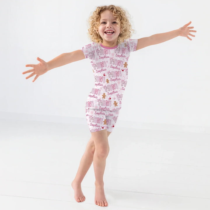 Custom Name Mama Mini Matching Christmas Two Piece Short Sleeve Shorts Pajama Set (Pink) , Custom Name Mama Mini Matching Christmas Two Piece Short Sleeve Shorts Pajama Set (Pink) - 12-18M