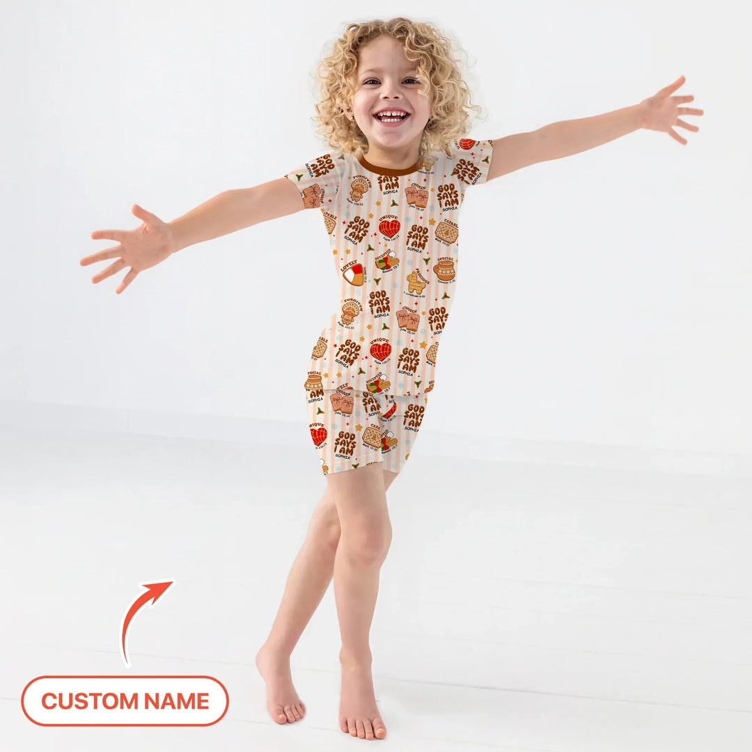 Christmas Mexican Cookies Custom Name For Girls Two Piece Short Sleeve Shorts Pajama Set , Christmas Mexican Cookies Custom Name For Girls Two Piece Short Sleeve Shorts Pajama Set - 12-18M