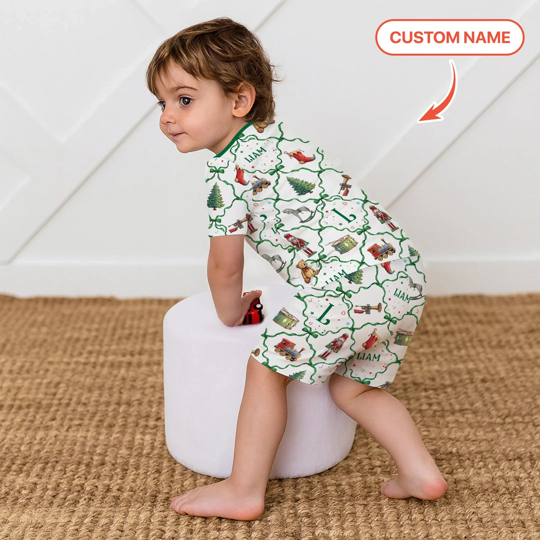 Vintage Christmas Toy Custom Name Boy Two Piece Short Sleeve Shorts Pajama Set , Vintage Christmas Toy Custom Name Boy Two Piece Short Sleeve Shorts Pajama Set - 12-18M