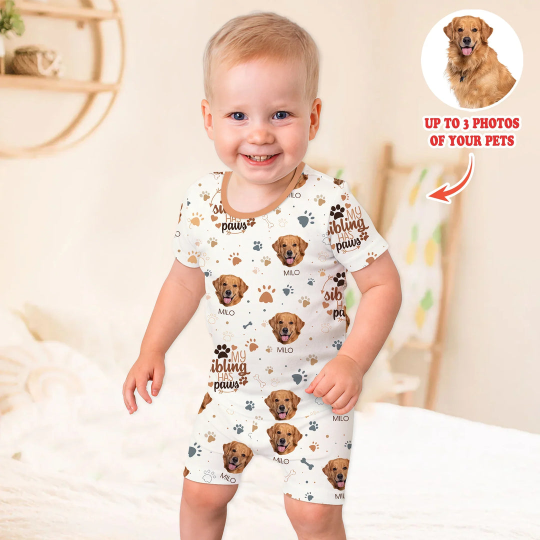 My Siblings Have Paws Upload Photo Two Piece Short Sleeve Shorts Pajama Set , My Siblings Have Paws Upload Photo Two Piece Short Sleeve Shorts Pajama Set - 12-18M