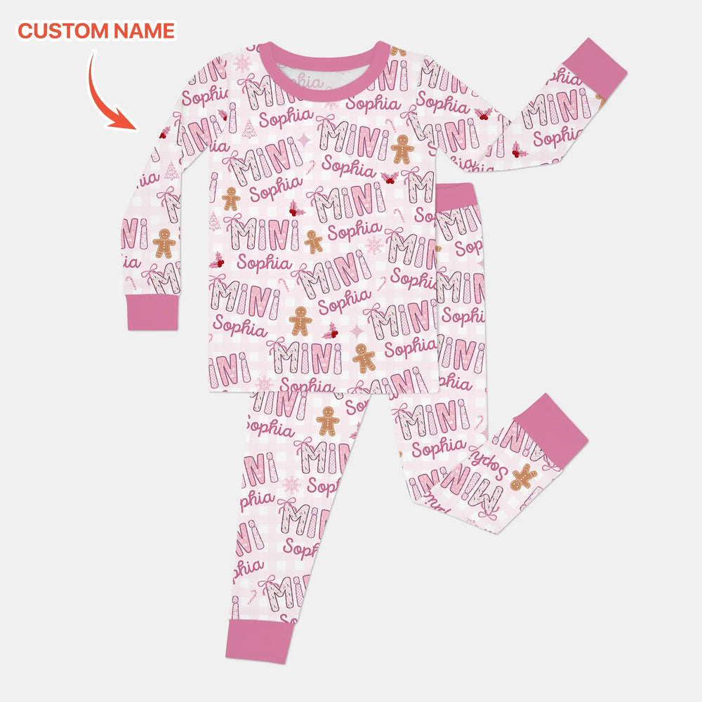 Custom Name Mama Mini Matching Christmas Two Piece Long Sleeve Pajama Set (Pink) , Custom Name Mama Mini Matching Christmas Two Piece Long Sleeve Pajama Set (Pink) - 12-18M