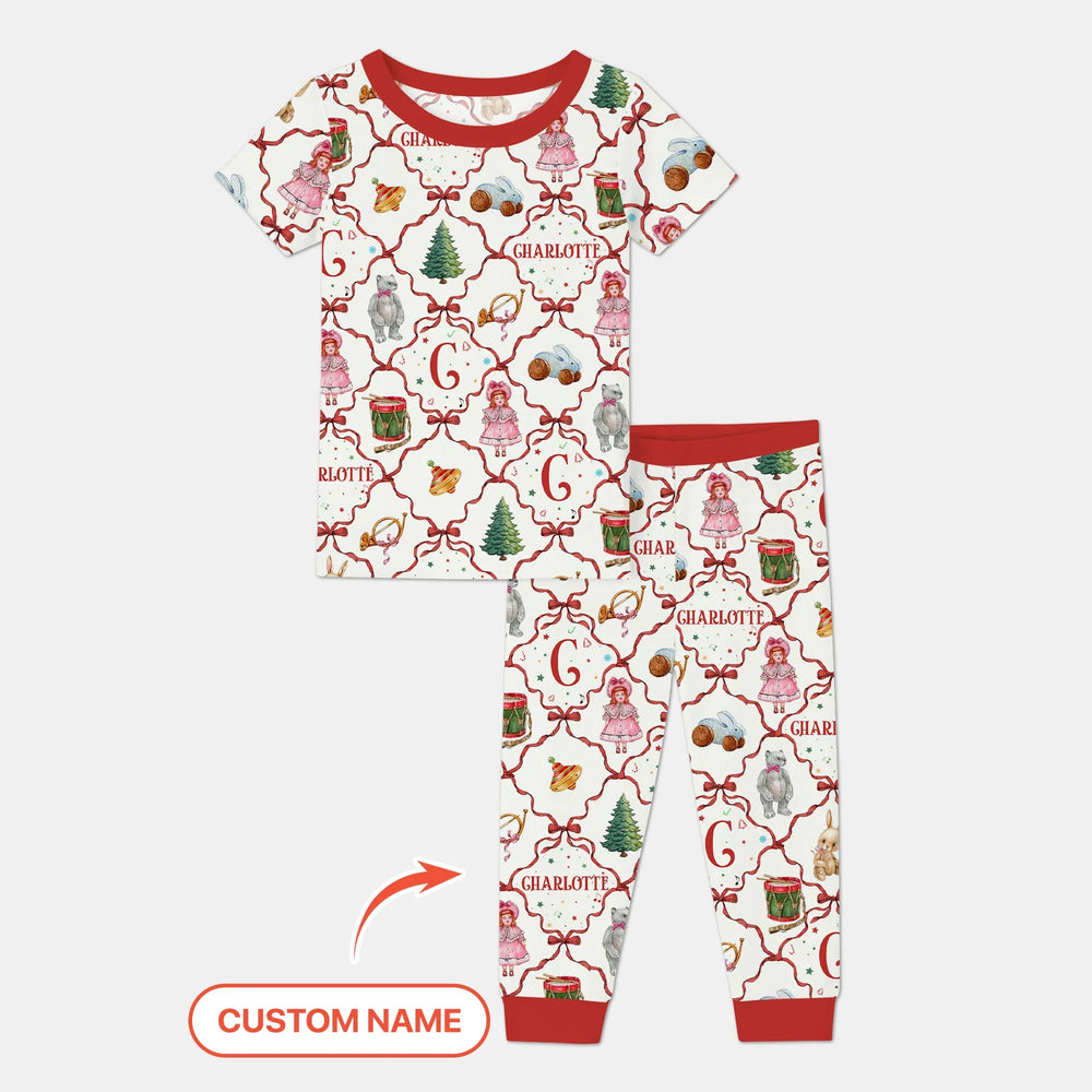 Vintage Christmas Toy Custom Name Girl Two Piece Short Sleeve Pajama Set , Vintage Christmas Toy Custom Name Girl Two Piece Short Sleeve Pajama Set - 12-18M