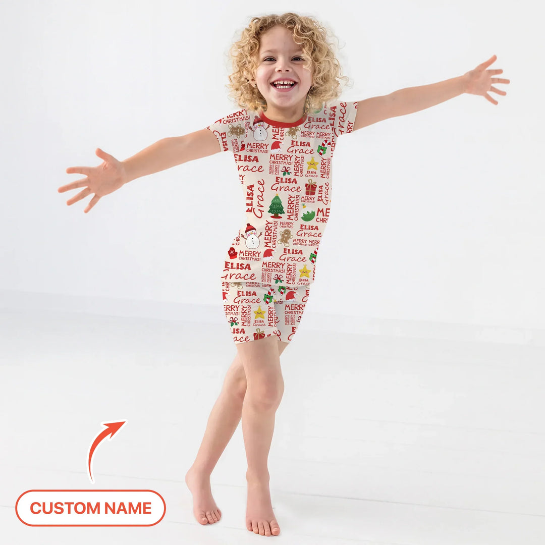 Custom Name Merry Christmas Two Piece Short Sleeve Shorts Pajama Set , Custom Name Merry Christmas Two Piece Short Sleeve Shorts Pajama Set - 12-18M