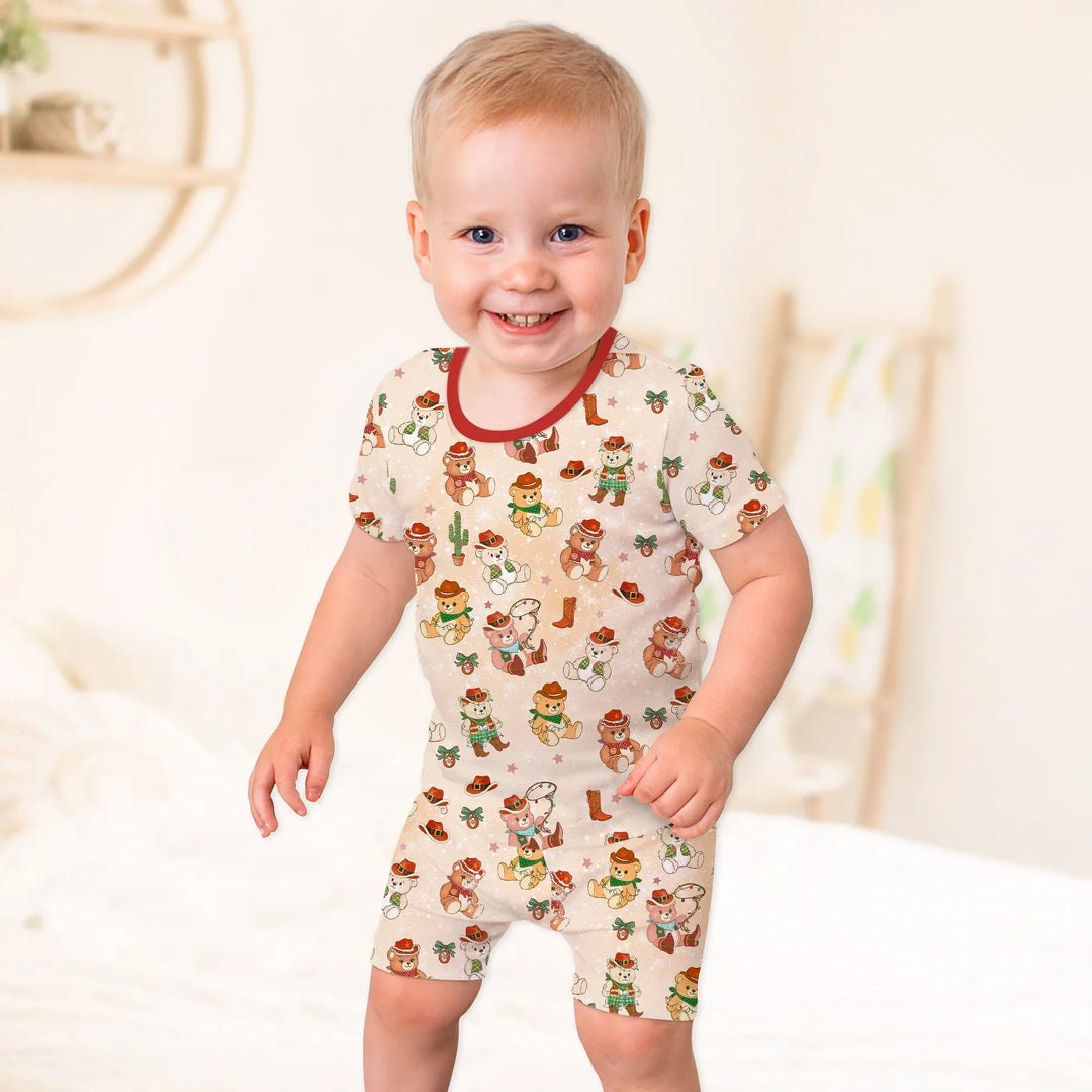 Christmas Cowboy Teddy Two Piece Short Sleeve Shorts Pajama Set
