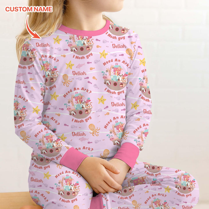 Noah’s Ark Custom Name Girl Two Piece Long Sleeve Pajama Set , Noah’s Ark Custom Name Girl Two Piece Long Sleeve Pajama Set - 12-18M