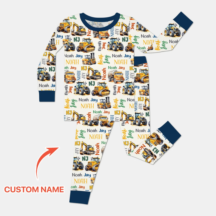 Custom Name Construction Trucks Two Piece Long Sleeve Pajama Set , Custom Name Construction Trucks Two Piece Long Sleeve Pajama Set - 12-18M