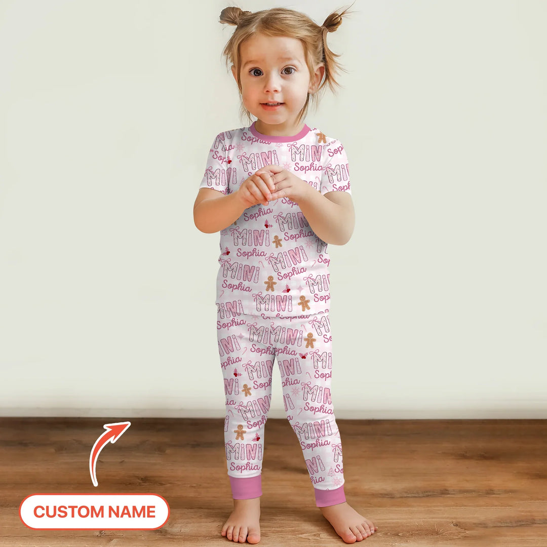 Custom Name Mama Mini Matching Christmas Two Piece Short Sleeve Pajama Set (Pink) , Custom Name Mama Mini Matching Christmas Two Piece Short Sleeve Pajama Set (Pink) - 12-18M