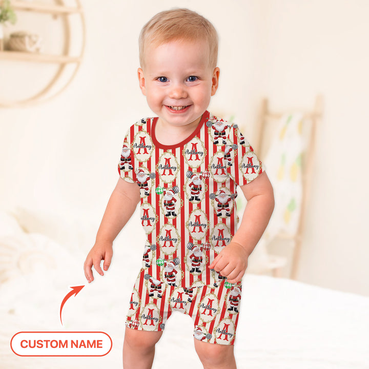 Custom Name Santa Stripes Two Piece Short Sleeve Shorts Pajama Set
