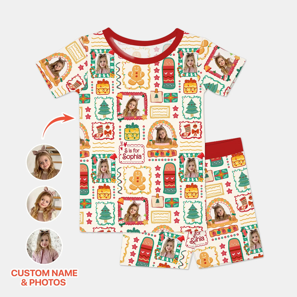 Custom Photo Christmas Frame Custom Name Short Sleeve Pajama Set , Custom Photo Christmas Frame Custom Name Short Sleeve Pajama Set - 12-18M