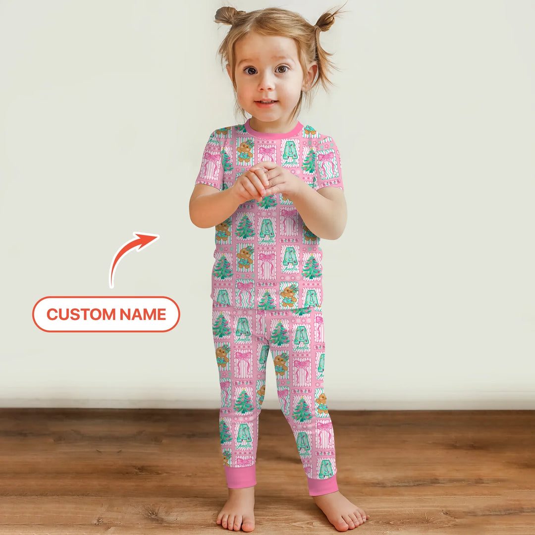 Custom Name "Merry Pink Christmas" Two Piece Short Sleeve Pajama Set , Custom Name "Merry Pink Christmas" Two Piece Short Sleeve Pajama Set - 12-18M
