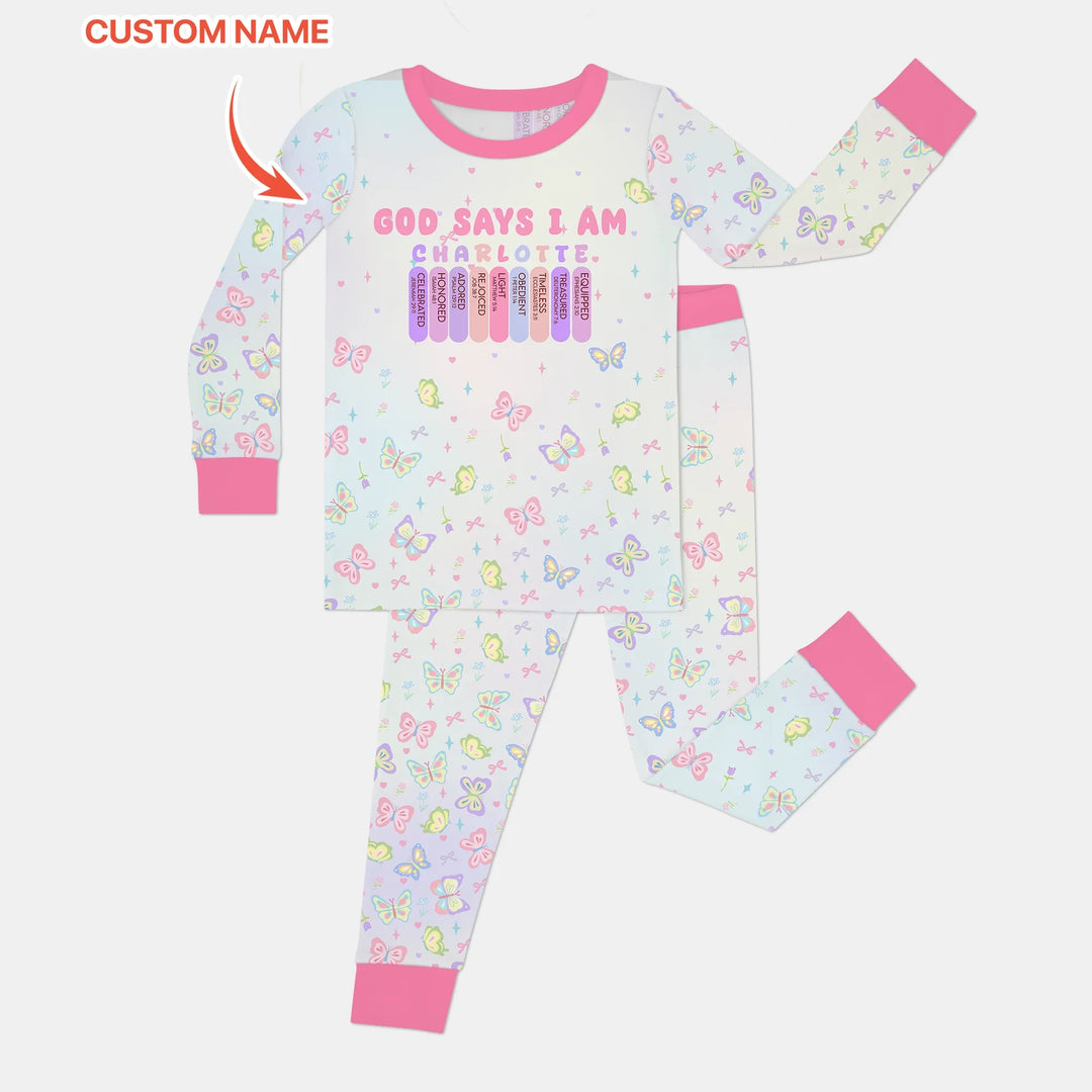 Personalized Butterfly Blessings God Says I Am Two Piece Long Sleeve Pajama Set , Personalized Butterfly Blessings God Says I Am Two Piece Long Sleeve Pajama Set - 12-18M