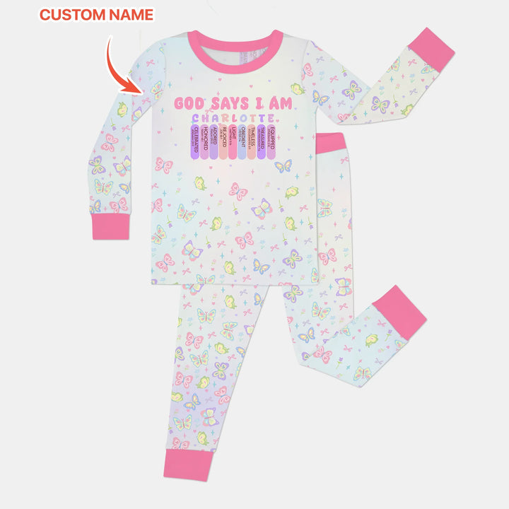 Personalized Butterfly Blessings God Says I Am Two Piece Long Sleeve Pajama Set , Personalized Butterfly Blessings God Says I Am Two Piece Long Sleeve Pajama Set - 12-18M
