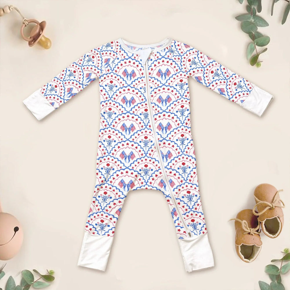 Red White and Blue Scalloped Convertible Zippered Romper , Red White and Blue Scalloped Convertible Zippered Romper - Newborn