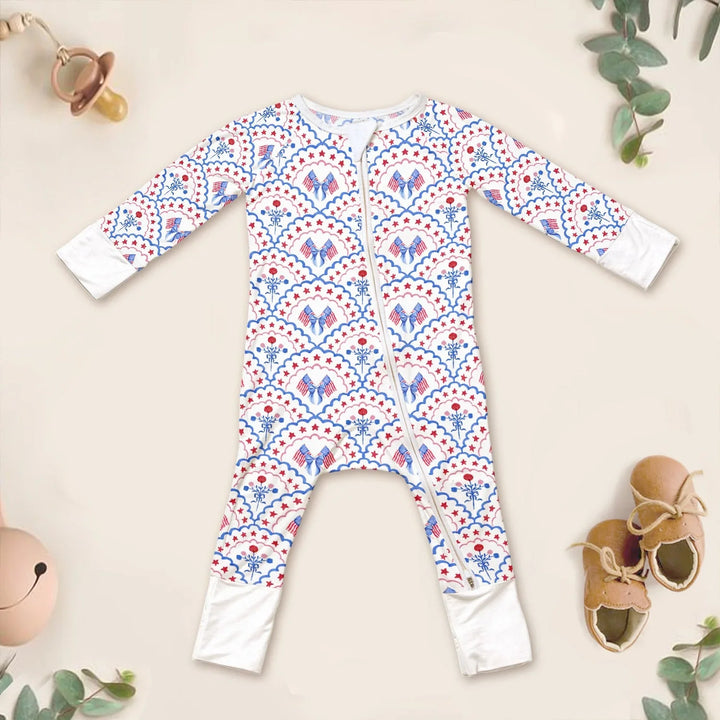 Red White and Blue Scalloped Convertible Zippered Romper , Red White and Blue Scalloped Convertible Zippered Romper - Newborn