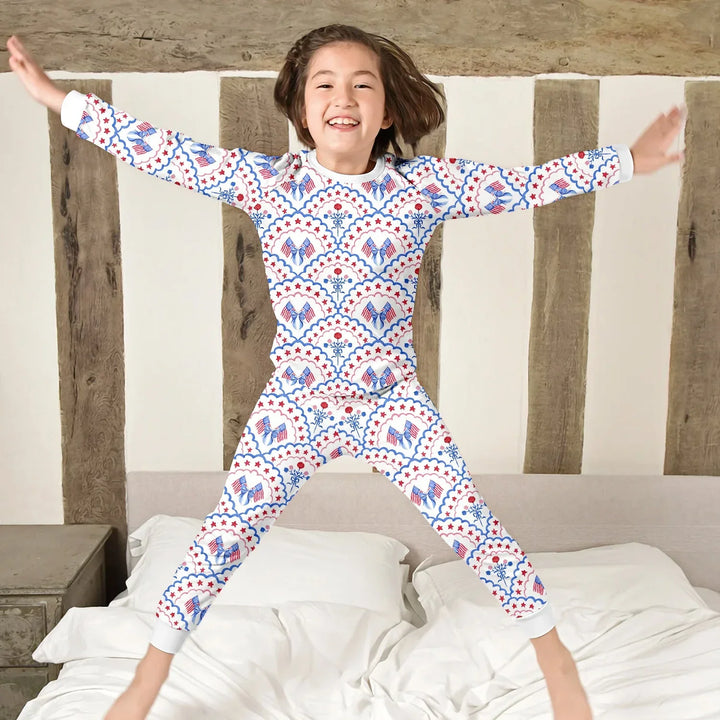 Red White and Blue Scalloped Two Piece Long Sleeve Pajama Set , Red White and Blue Scalloped Two Piece Long Sleeve Pajama Set - 12-18M