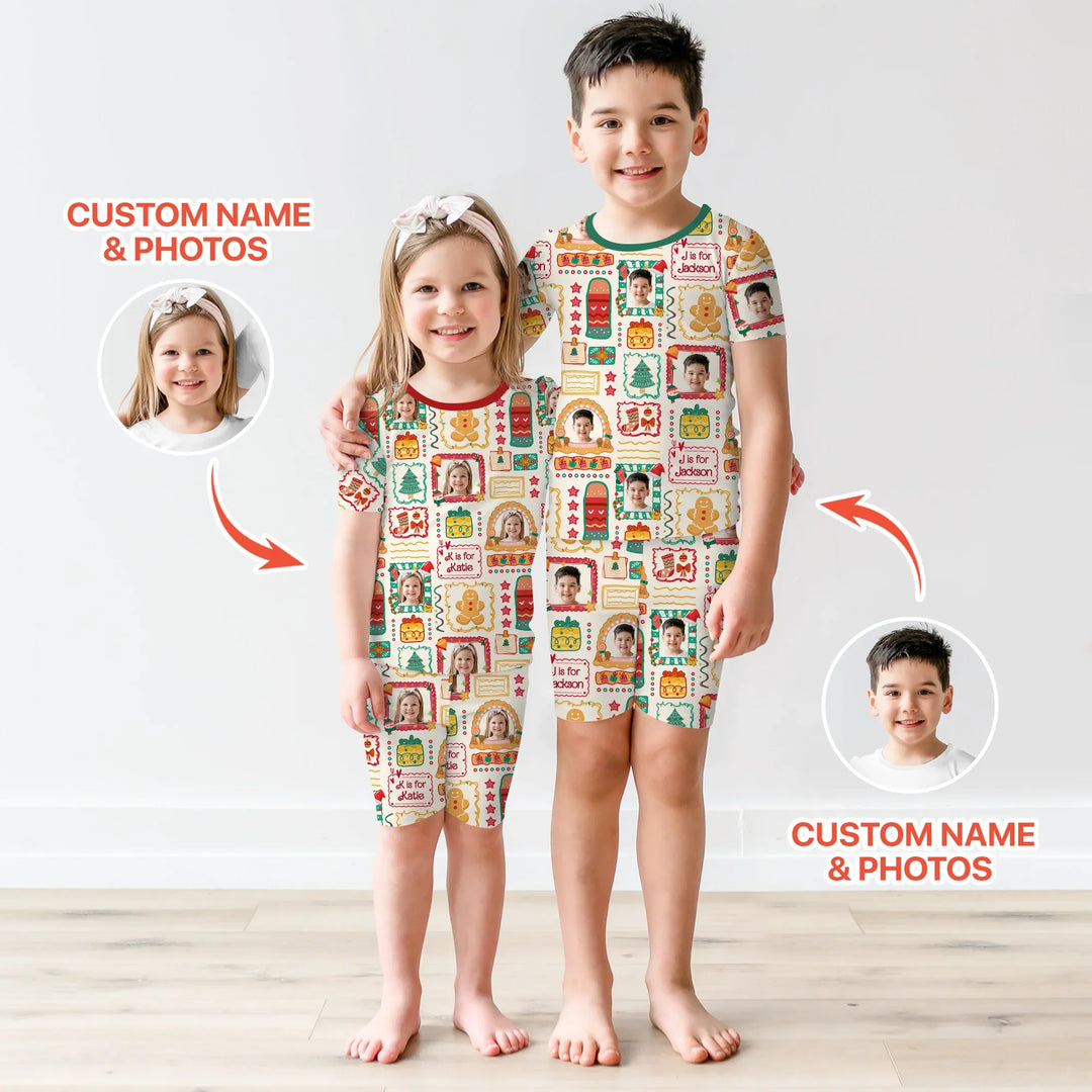 Custom Photo Christmas Frame Custom Name Short Sleeve Pajama Set , Custom Photo Christmas Frame Custom Name Short Sleeve Pajama Set - 12-18M