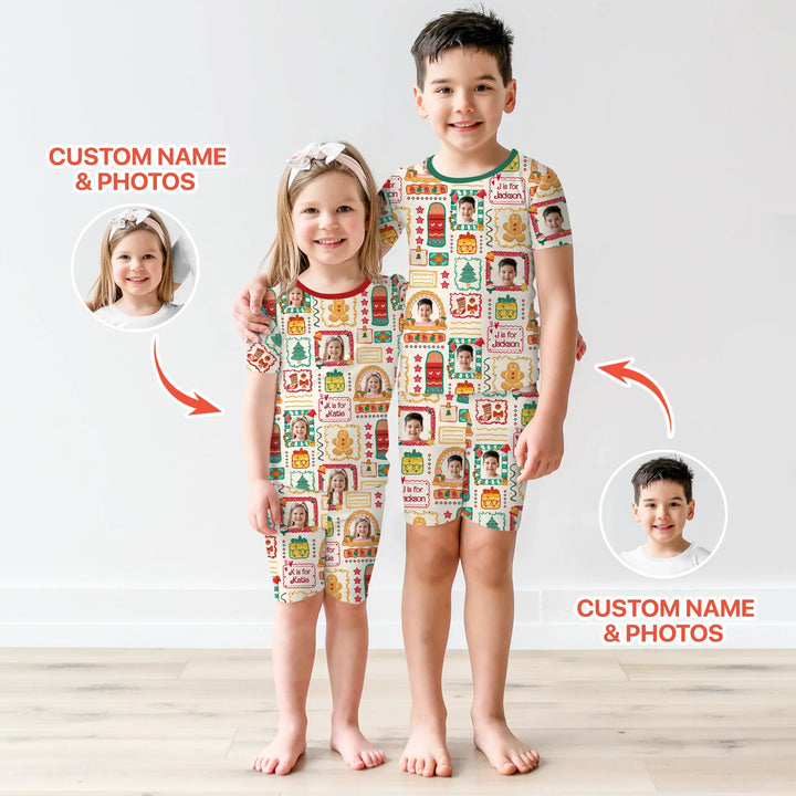 Custom Photo Christmas Frame Custom Name Short Sleeve Pajama Set , Custom Photo Christmas Frame Custom Name Short Sleeve Pajama Set - 12-18M