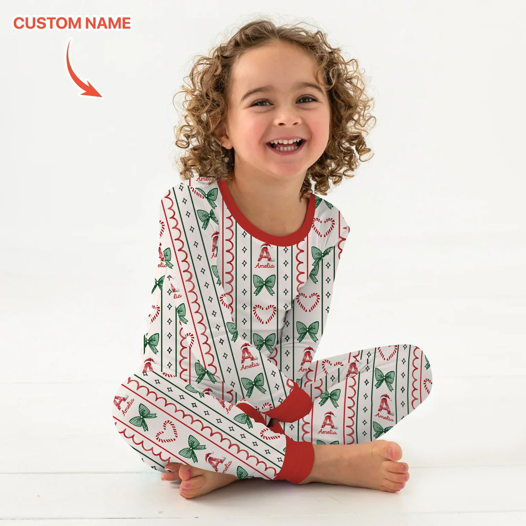 Custom Name Christmas Stripes Two Piece Long Sleeve Pajama Set , Custom Name Christmas Stripes Two Piece Long Sleeve Pajama Set - 12-18M