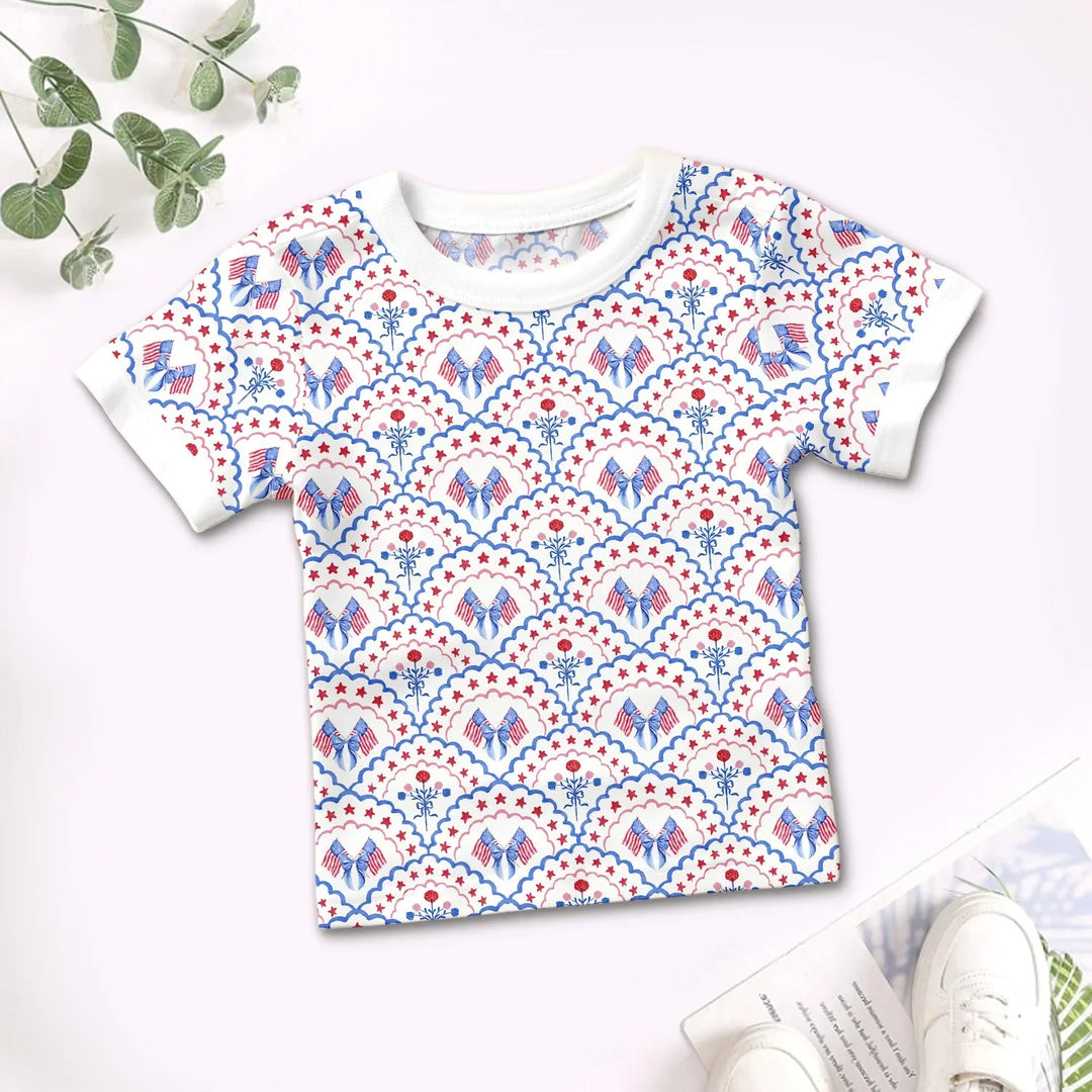 Red White and Blue Scalloped Two Piece Short Sleeve Pajama Set , Red White and Blue Scalloped Two Piece Short Sleeve Pajama Set - 12-18M