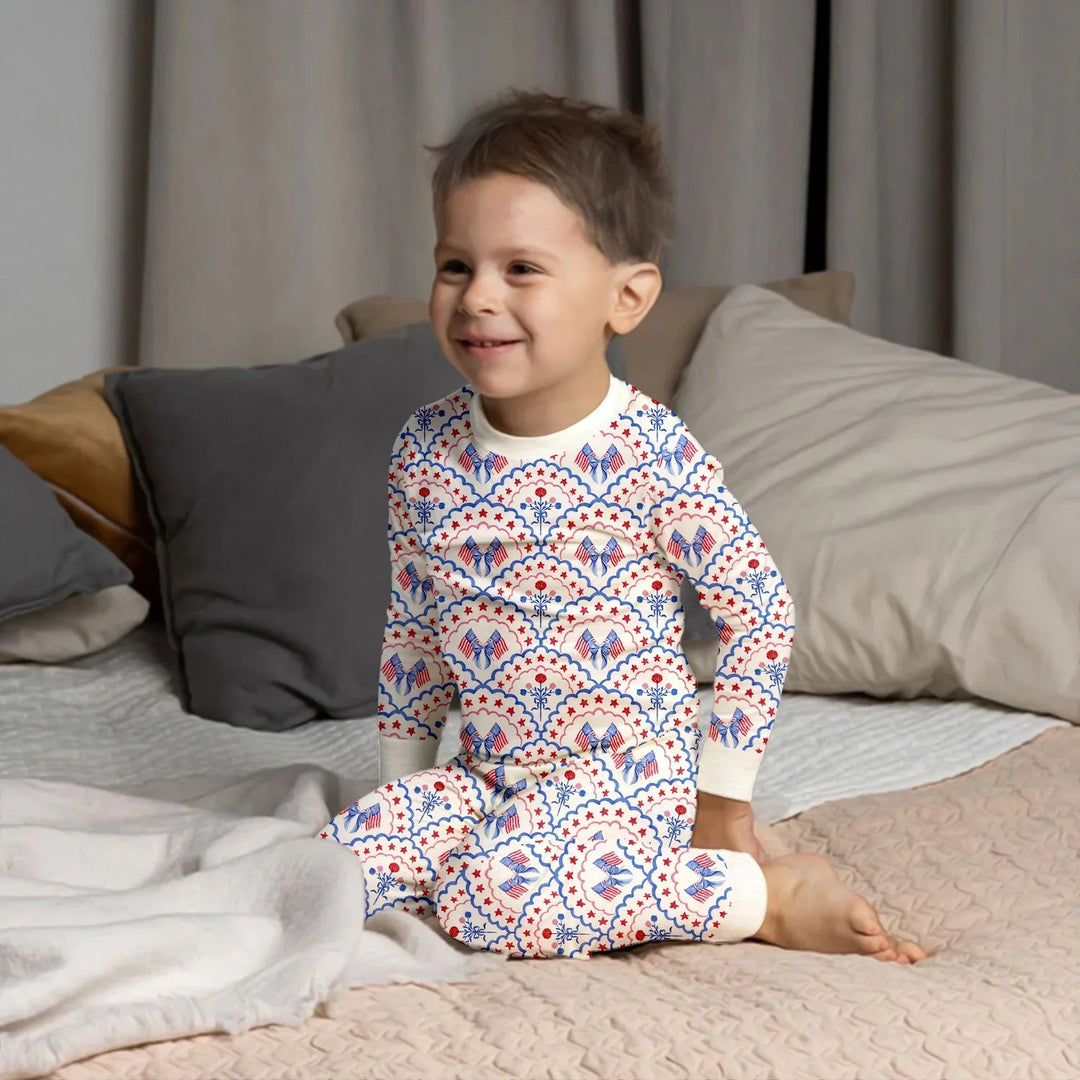 Red White and Blue Scalloped Two Piece Long Sleeve Pajama Set , Red White and Blue Scalloped Two Piece Long Sleeve Pajama Set - 12-18M