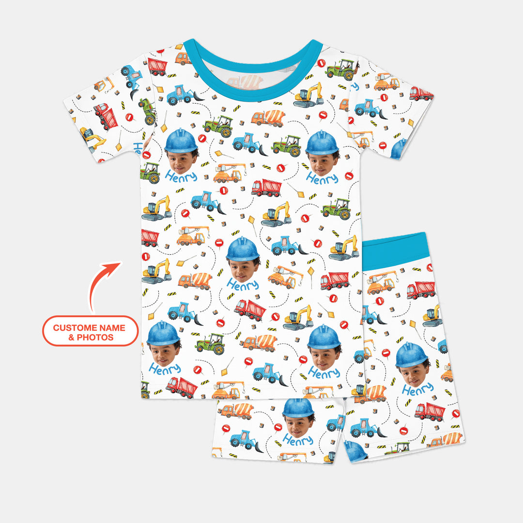 Custom Photo Little Construction Heroes Two Piece Short Sleeve Shorts Pajama Set