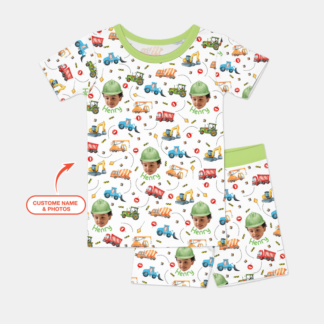 Custom Photo Little Construction Heroes Two Piece Short Sleeve Shorts Pajama Set