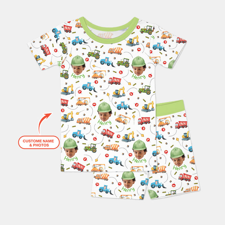 Custom Photo Little Construction Heroes Two Piece Short Sleeve Shorts Pajama Set
