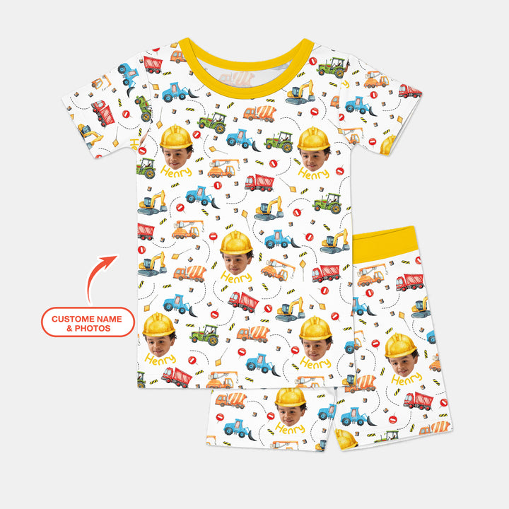 Custom Photo Little Construction Heroes Two Piece Short Sleeve Shorts Pajama Set