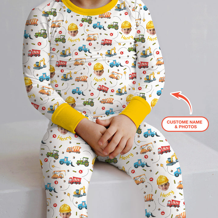Custom Photo Little Construction Heroes Two Piece Long Sleeve Pajama Set