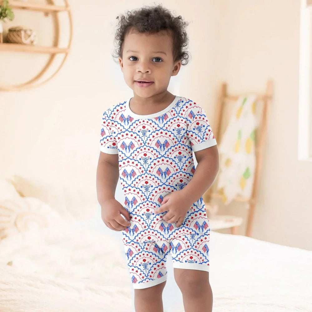Red White and Blue Scalloped Two Piece Short Sleeve Shorts Pajama Set , Red White and Blue Scalloped Two Piece Short Sleeve Shorts Pajama Set - 12-18M