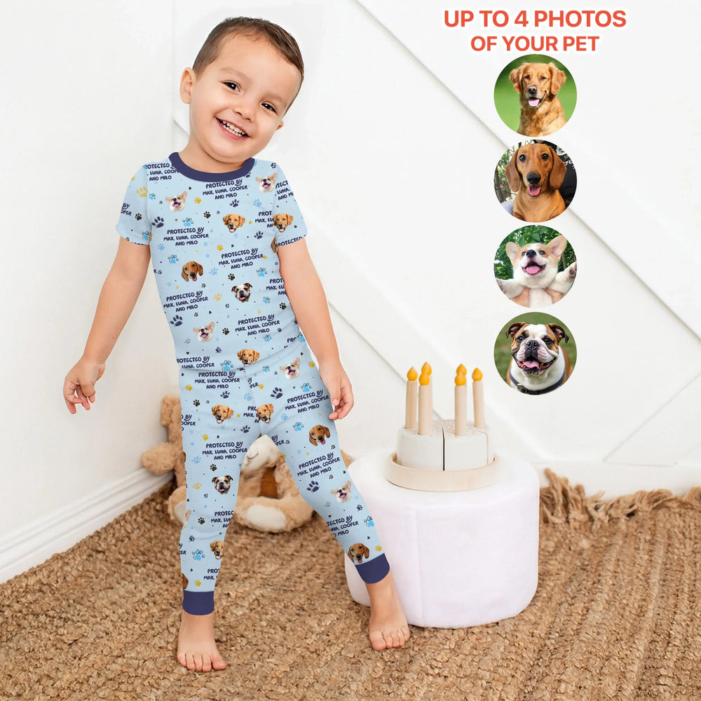Custom Dog Photos "Protected By" Pawfect Blue Two Piece Short Sleeve Pajama Set , Custom Dog Photos "Protected By" Pawfect Blue Two Piece Short Sleeve Pajama Set - 12-18M