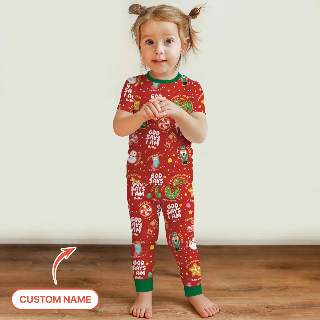 Merry Christmas God Says I Am Custom Name Two Piece Short Sleeve Pajama Set , Merry Christmas God Says I Am Custom Name Two Piece Short Sleeve Pajama Set - 12-18M