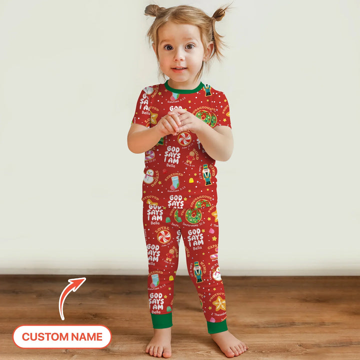 Merry Christmas God Says I Am Custom Name Two Piece Short Sleeve Pajama Set , Merry Christmas God Says I Am Custom Name Two Piece Short Sleeve Pajama Set - 12-18M