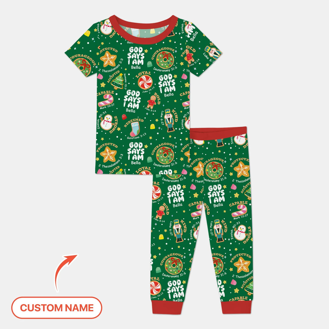 Merry Christmas God Says I Am Custom Name Two Piece Short Sleeve Pajama Set , Merry Christmas God Says I Am Custom Name Two Piece Short Sleeve Pajama Set - 12-18M