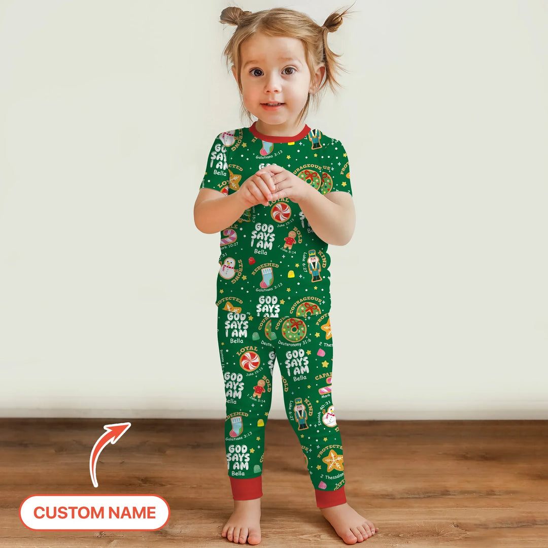 Merry Christmas God Says I Am Custom Name Two Piece Short Sleeve Pajama Set , Merry Christmas God Says I Am Custom Name Two Piece Short Sleeve Pajama Set - 12-18M