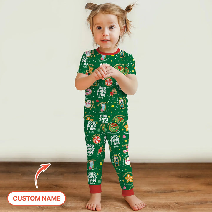 Merry Christmas God Says I Am Custom Name Two Piece Short Sleeve Pajama Set , Merry Christmas God Says I Am Custom Name Two Piece Short Sleeve Pajama Set - 12-18M