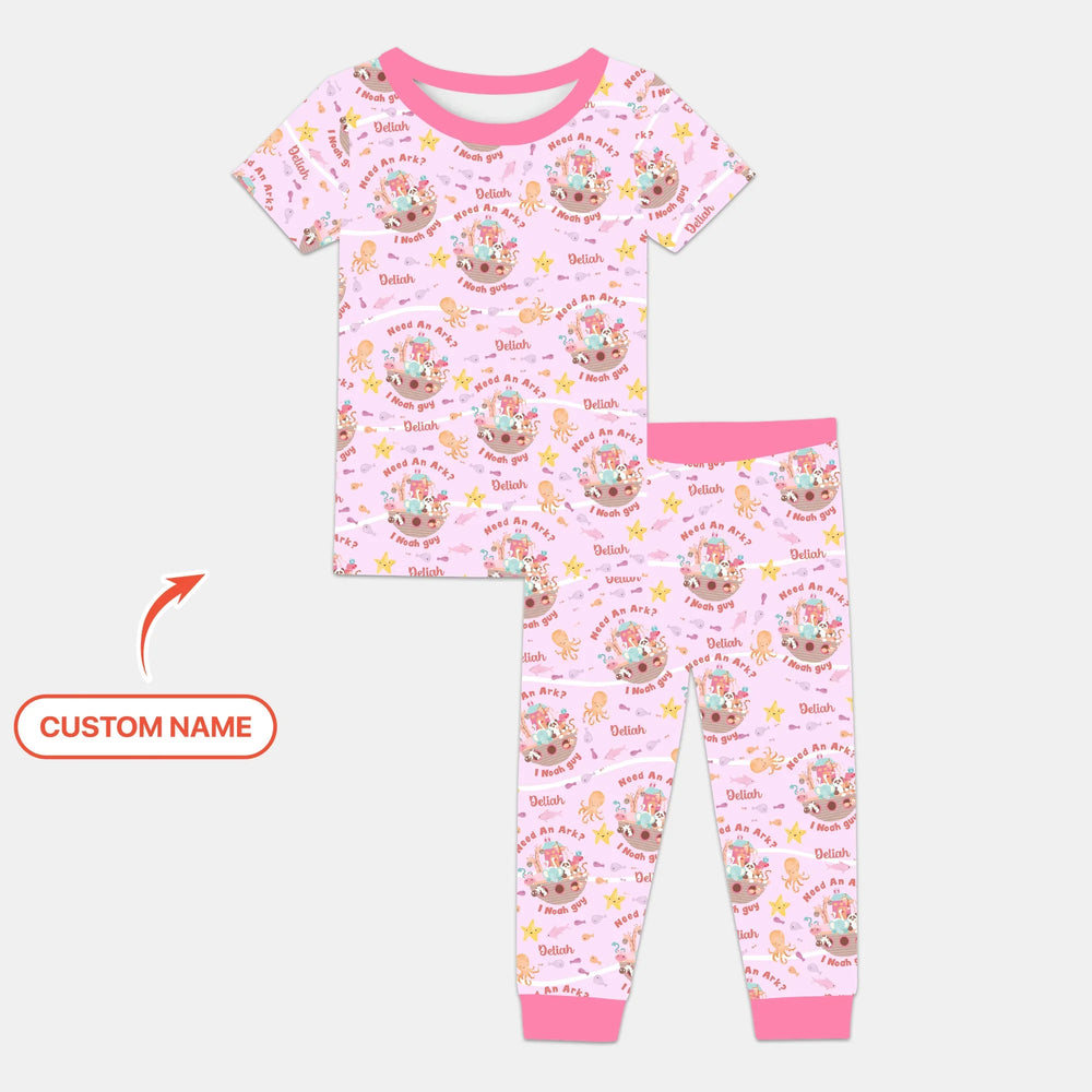 Noah’s Ark Custom Name Girl Two Piece Short Sleeve Pajama Set , Noah’s Ark Custom Name Girl Two Piece Short Sleeve Pajama Set - 12-18M