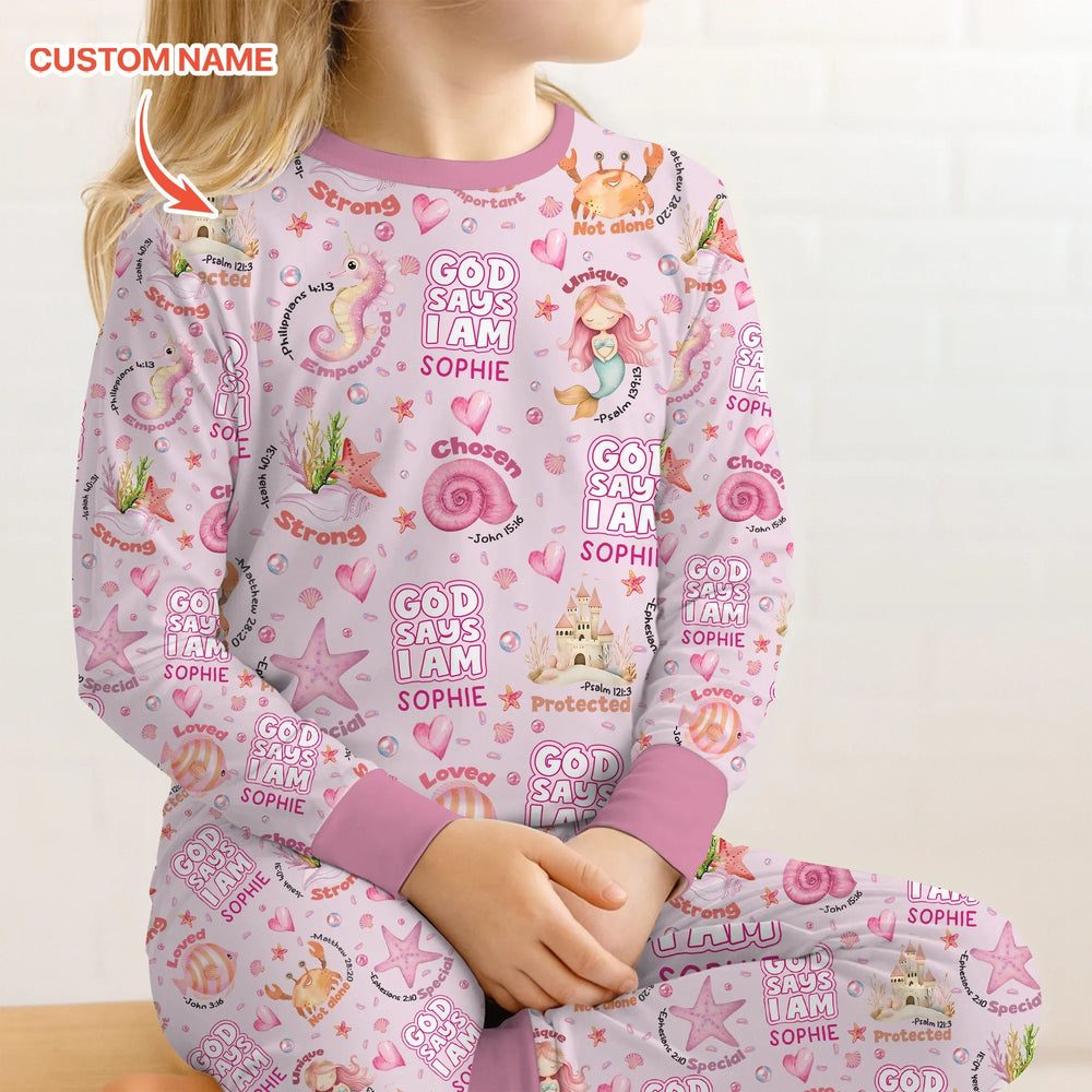 Mermaid God Says I Am Custom Name Two Piece Long Sleeve Pajama Set , Mermaid God Says I Am Custom Name Two Piece Long Sleeve Pajama Set - 12-18M