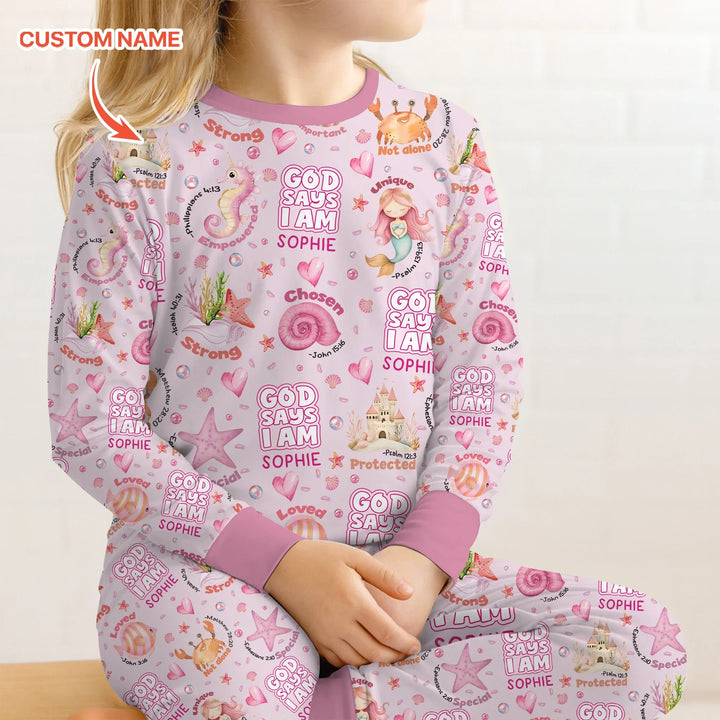 Mermaid God Says I Am Custom Name Two Piece Long Sleeve Pajama Set , Mermaid God Says I Am Custom Name Two Piece Long Sleeve Pajama Set - 12-18M
