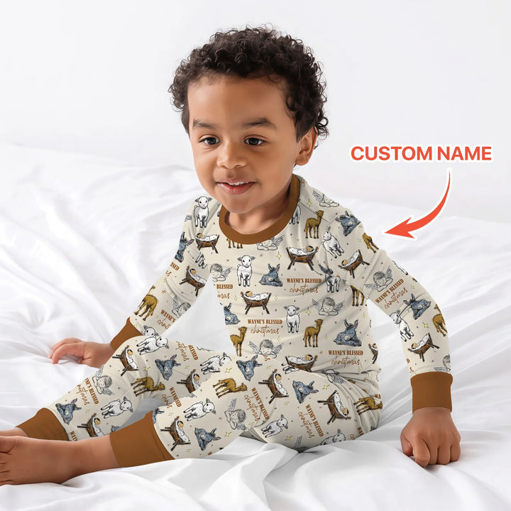 Custom Name Baby Blessed Christmas Two Piece Long Sleeve Pajama Set , Custom Name Baby Blessed Christmas Two Piece Long Sleeve Pajama Set - 12-18M
