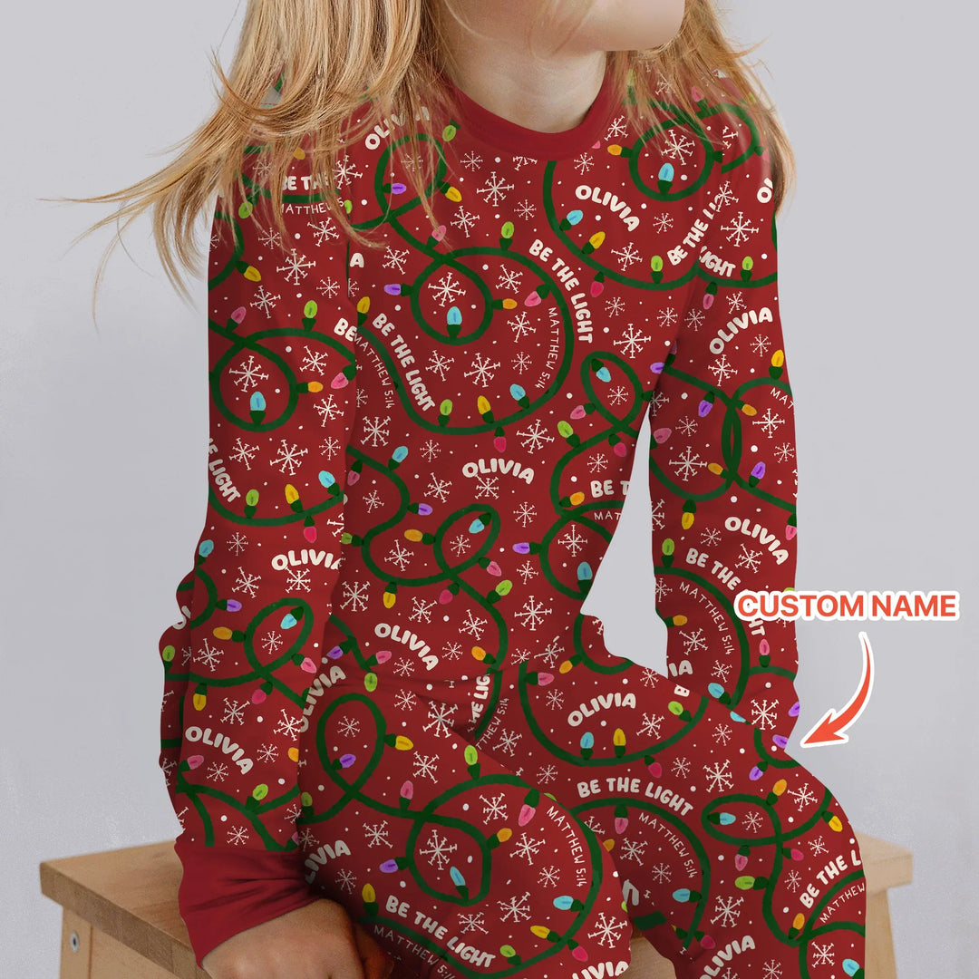 Custom Name Be The Light Christmas Two Piece Long Sleeve Pajama Set