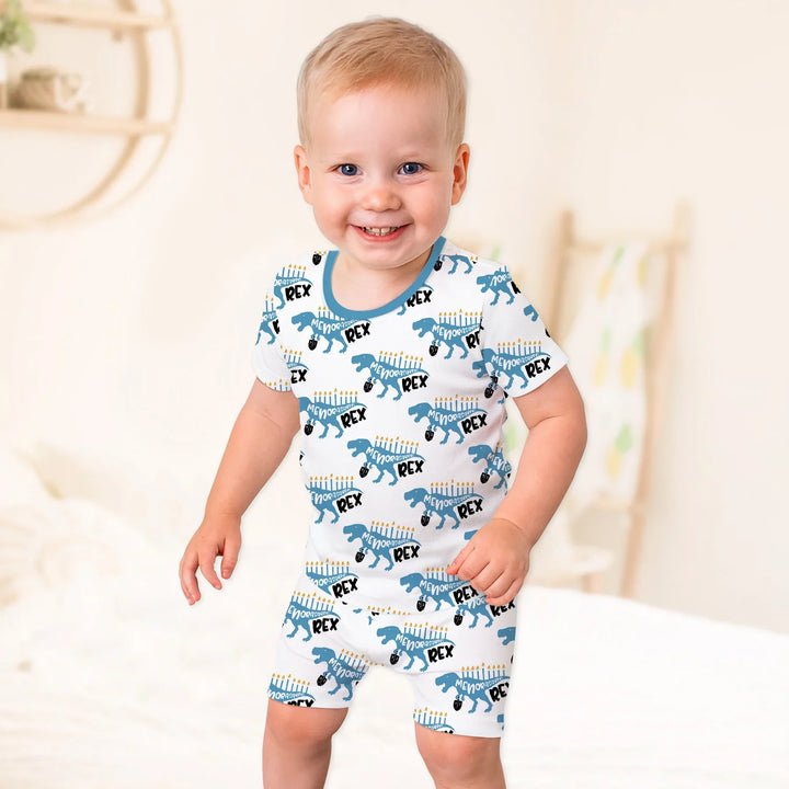 Dinosaur Hanukkah Boy Two Piece Short Sleeve Shorts Pajama Set