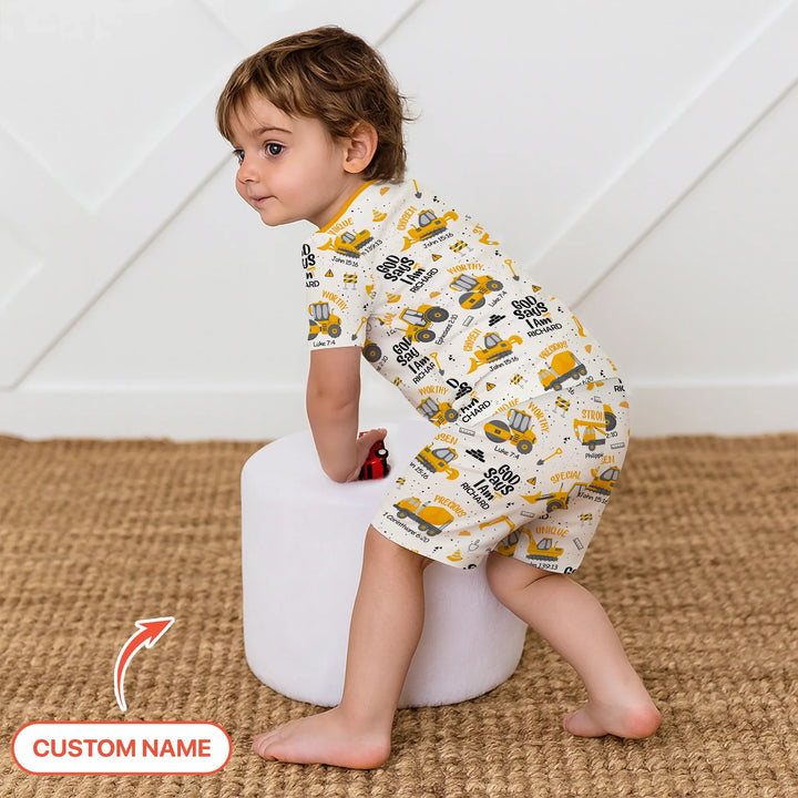 God Says I Am Custom Name Boy Two Piece Short Sleeve Shorts Pajama Set , God Says I Am Custom Name Boy Two Piece Short Sleeve Shorts Pajama Set - 12-18M