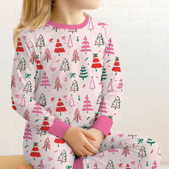 Pink Christmas Tree Farm Two Piece Long Sleeve Pajama Set , Pink Christmas Tree Farm Two Piece Long Sleeve Pajama Set - 12-18M