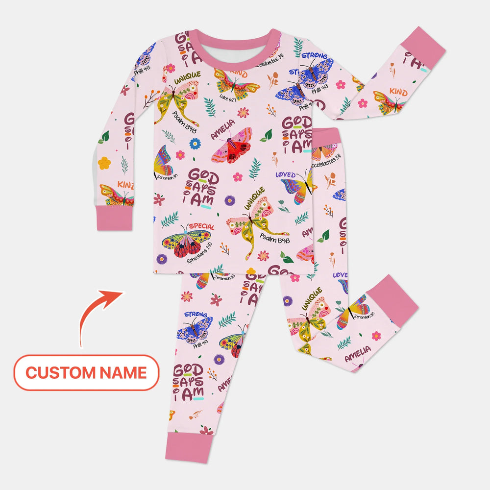 Custom Name God says I am Butterfly Two Piece Long Sleeve Pajama Set , Custom Name God says I am Butterfly Two Piece Long Sleeve Pajama Set - 12-18M