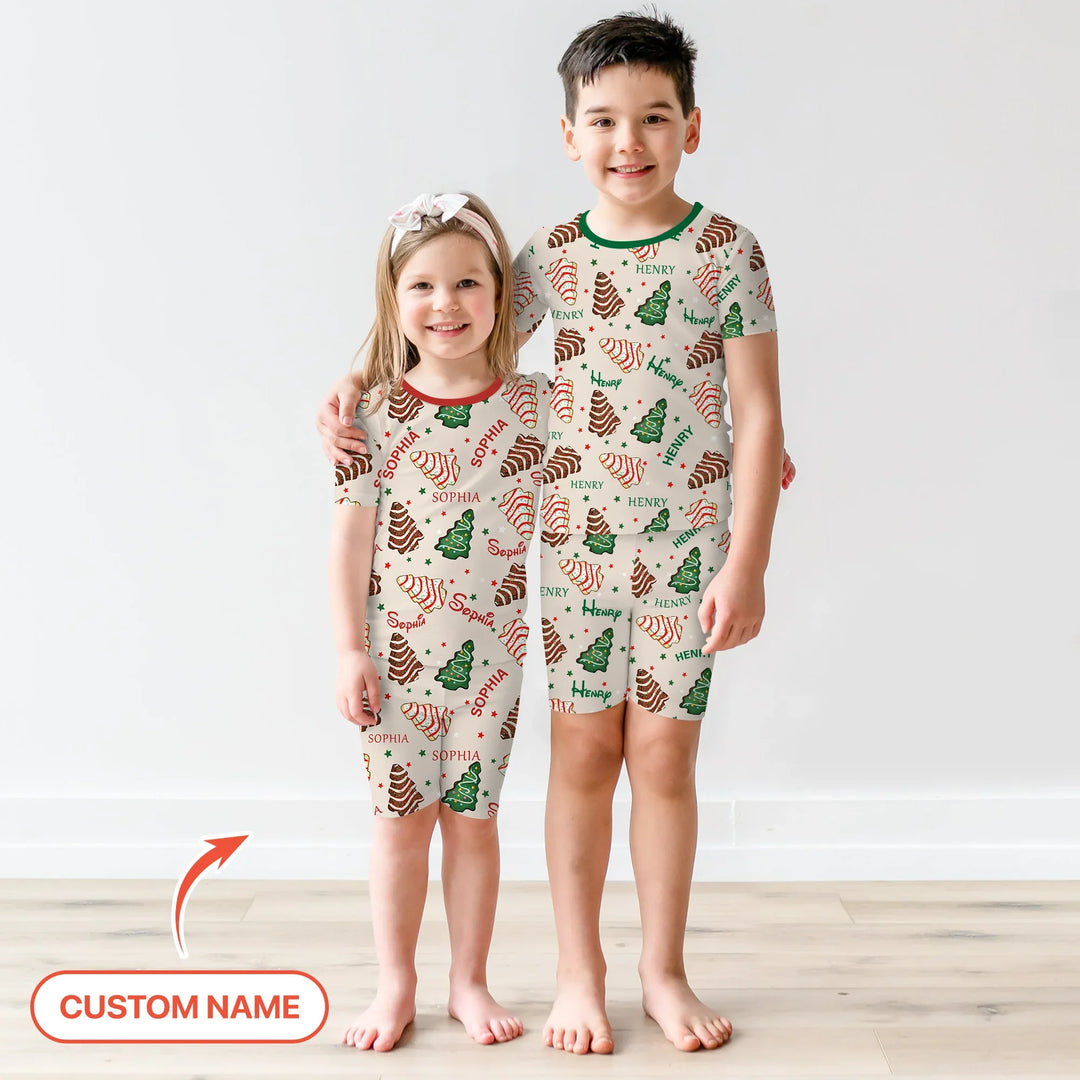 Christmas Tree Cake Custom Name Two Piece Short Sleeve Shorts Pajama Set , Christmas Tree Cake Custom Name Two Piece Short Sleeve Shorts Pajama Set - 12-18M
