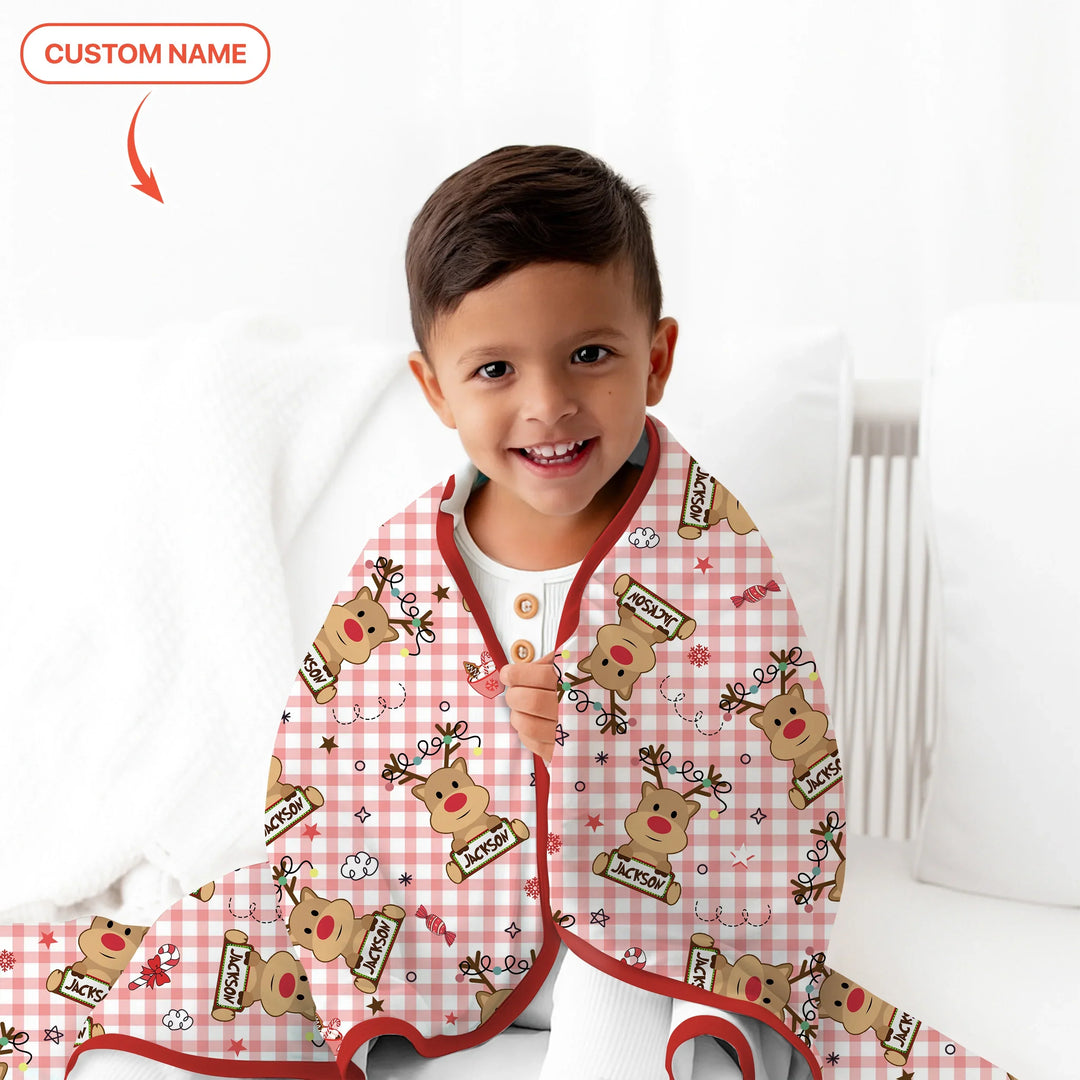 Custom Name Reindeer Gingham Toddler Blanket , Custom Name Reindeer Gingham Toddler Blanket - Default Title